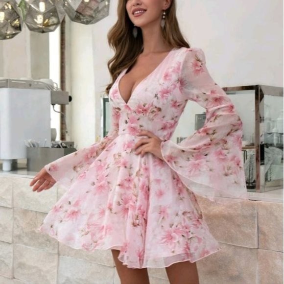 PINK ELEGANT FLORAL FIT AND FLARE DRESS - Picture 5 of 8